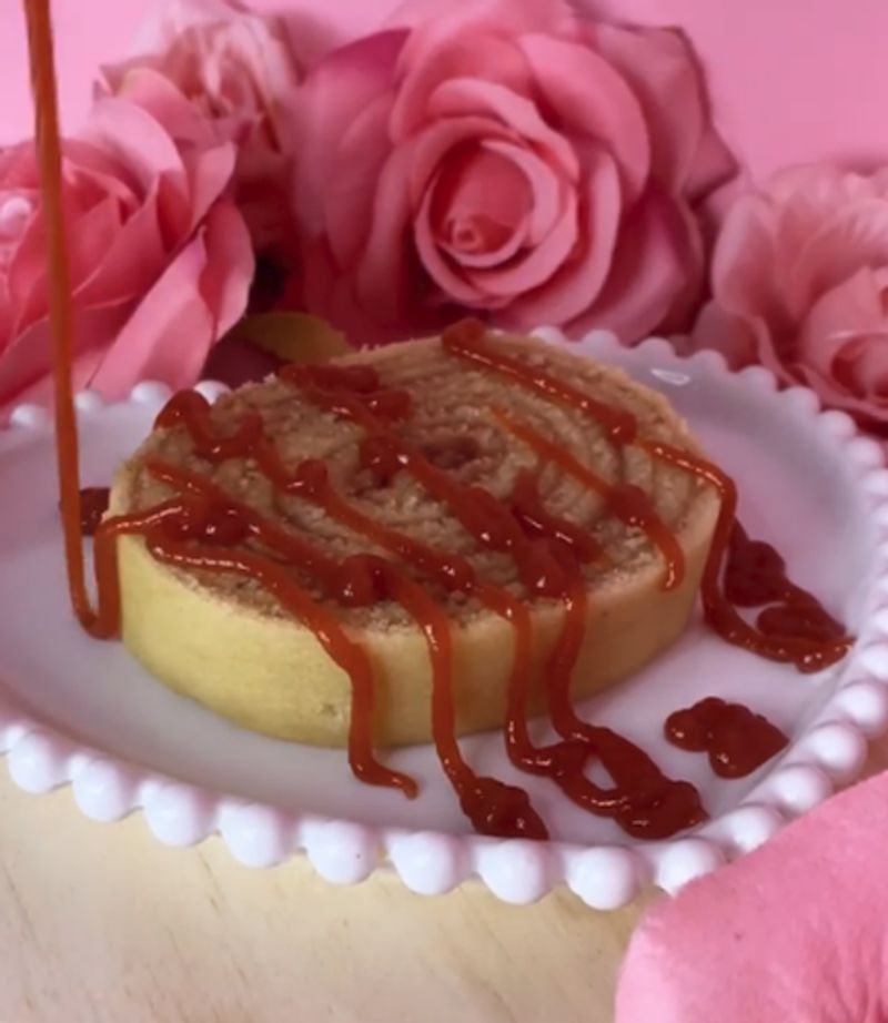 Fatia de bolo de rolo com calda de goiabada