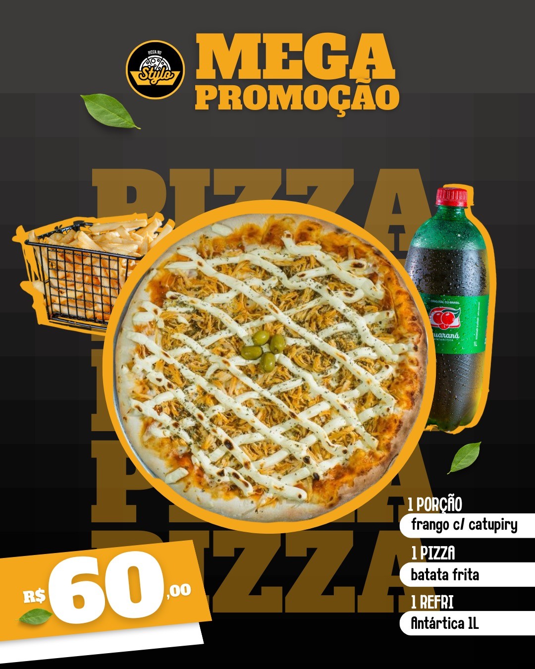 Pizza Frango com Catupiry + Antártica 1 Litro + Porção Batata Frita