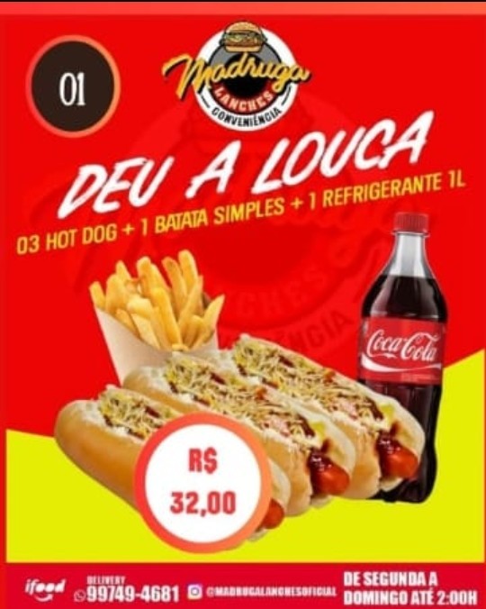 3 Hot Dog + Batata Simples + Coca Cola 1 litro