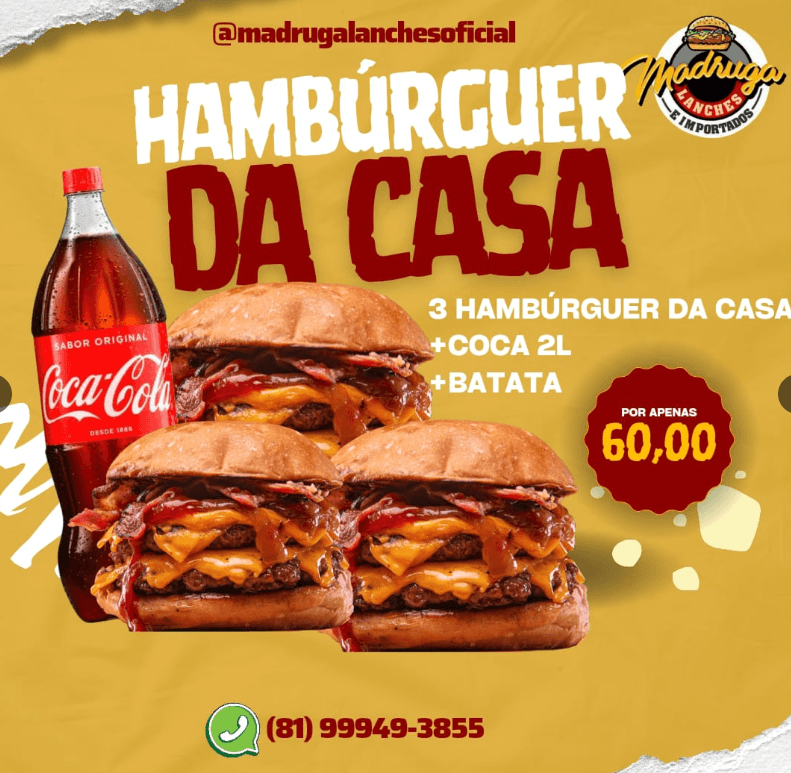 3 Hambúrguer da Casa + Coca 2 Litros + Batata