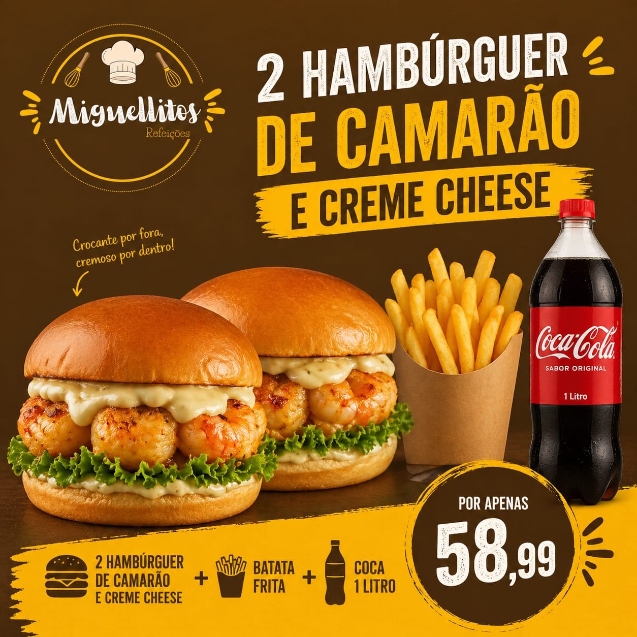 Combo 2 smash camarão + batata + refri 1 litro